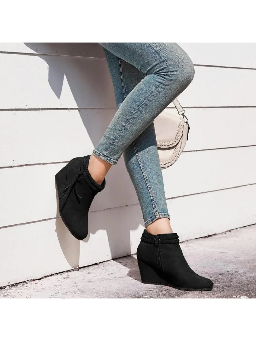 Chic Women's Wedge Ankle Boots with Braided Fringe Strap - Western Heeled